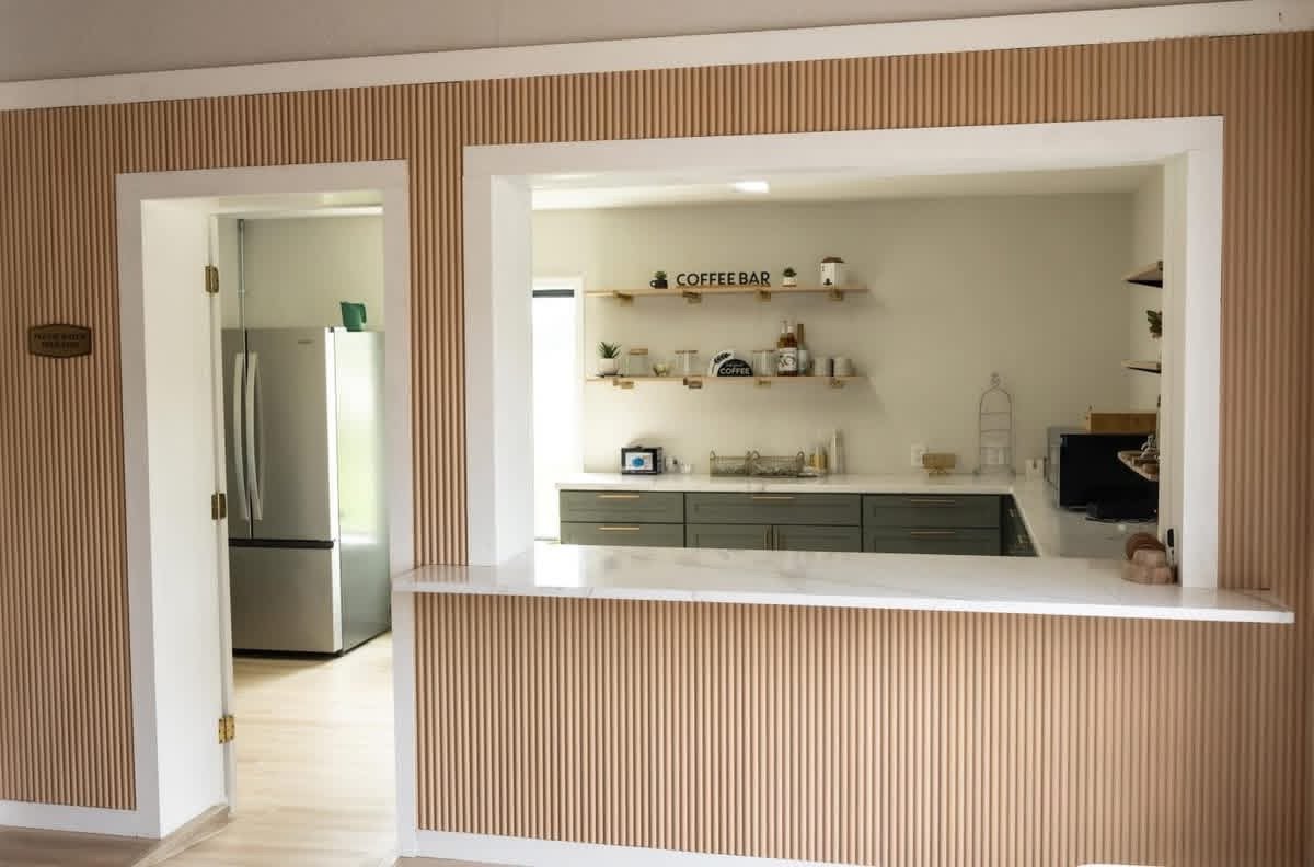 Coffee bar and kitchen service window at MeetUps Event Center for organized food and beverage hosting