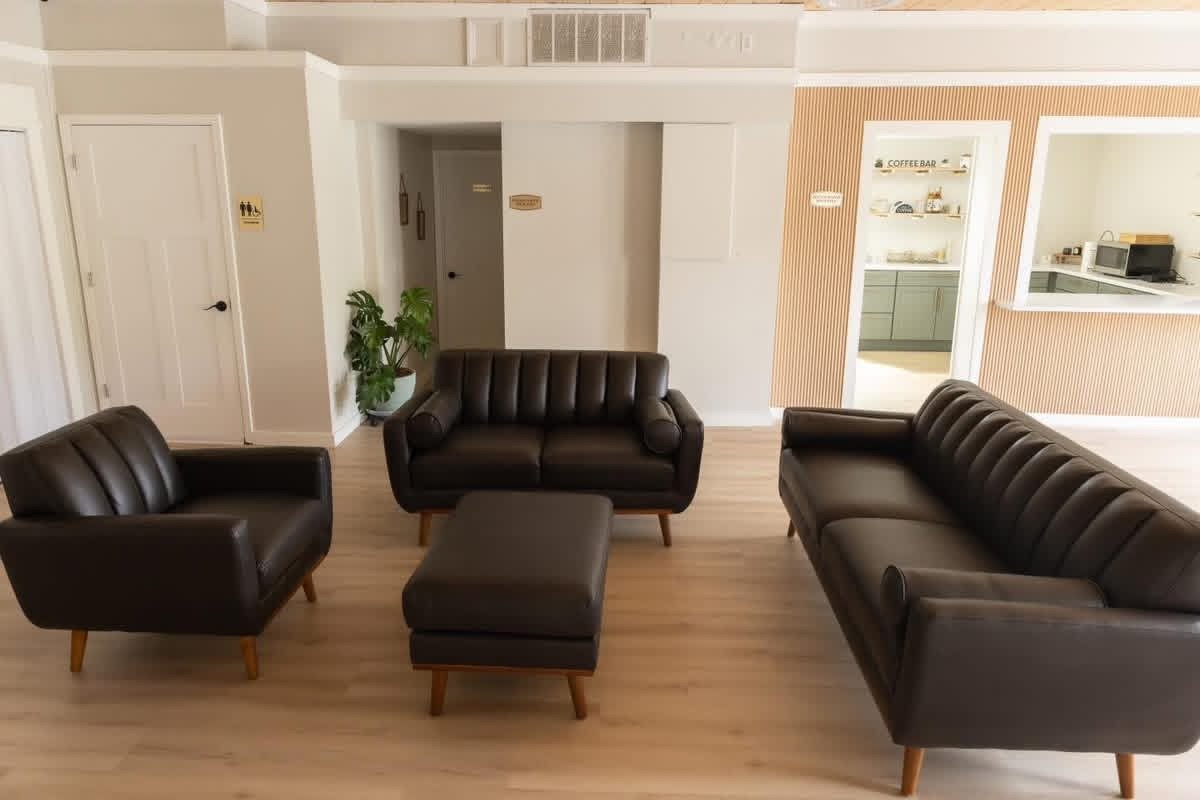 Lounge seating area inside MeetUps Event Center for relaxing, conversation, and overflow guest comfort